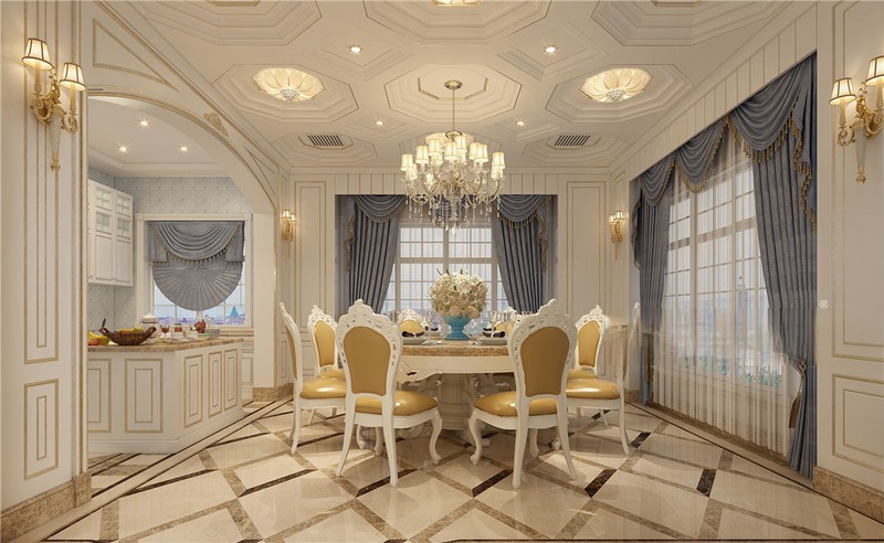 上海自建别墅300平法式风格别墅餐厅装修效果图