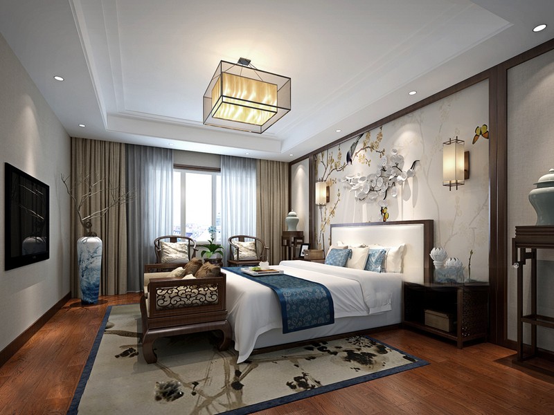 上海福海花园160平新中式风格别墅卧室装修效果图