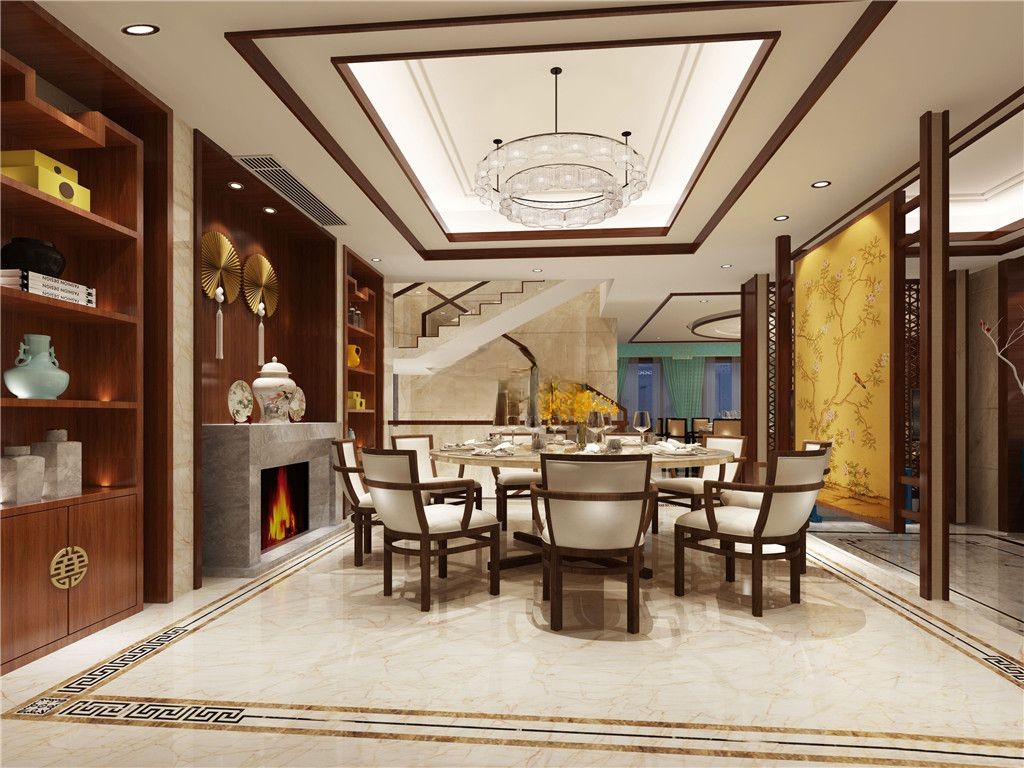 青浦区450平新中式风格独栋别墅餐厅装修效果图