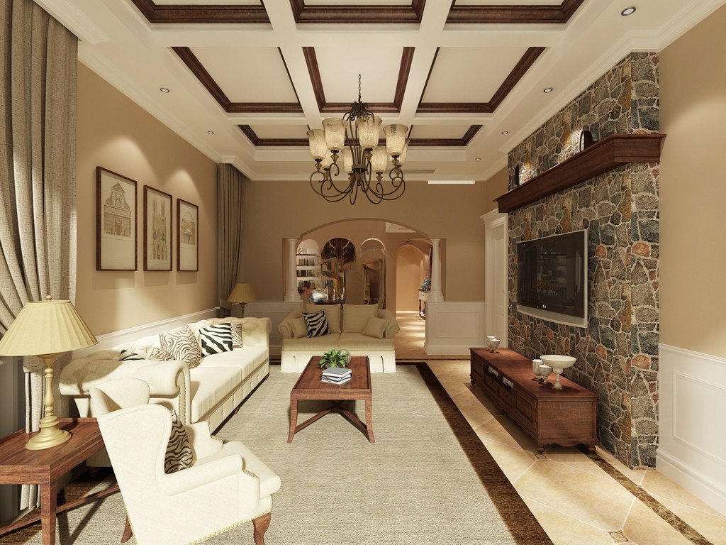 浦东盛世天地290平美式风格联排别墅客厅装修效果图