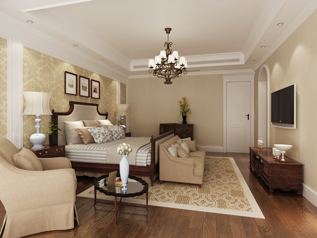 浦东盛世天地290平美式风格联排别墅卧室装修效果图