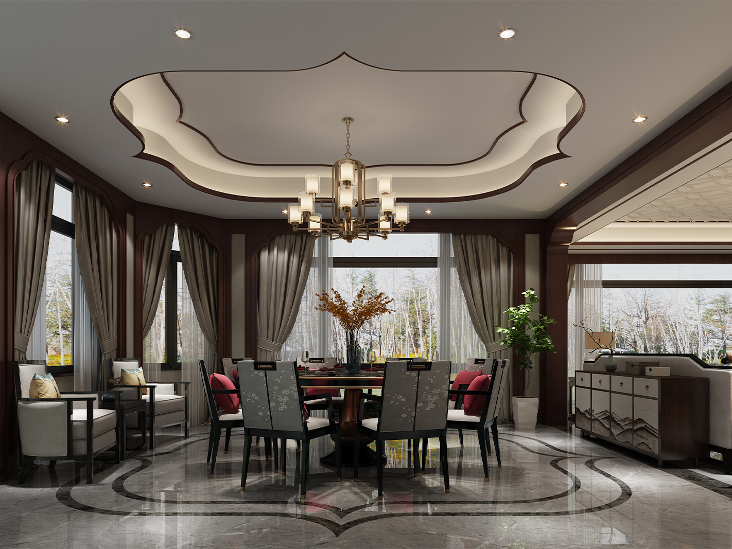 太仓东海高尔夫500平新中式风格独栋别墅餐厅装修效果图