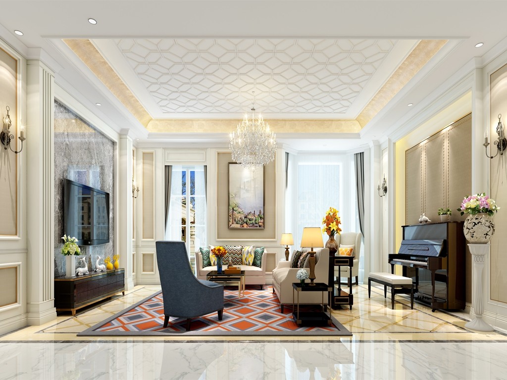 杨浦区文化名邸450平美式风格独栋别墅客厅装修效果图