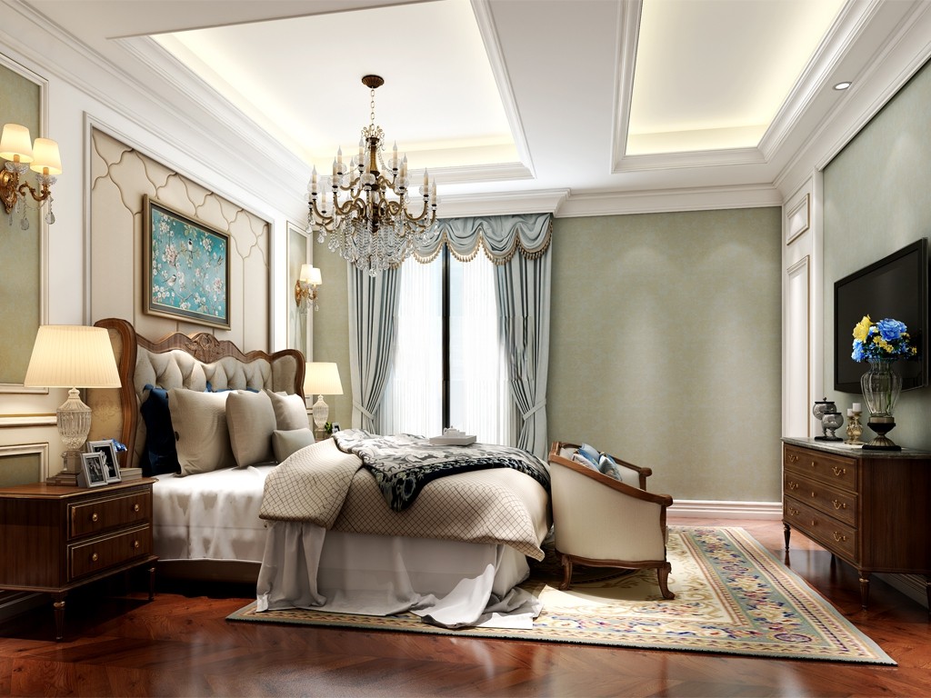 杨浦区文化名邸450平美式风格独栋别墅卧室装修效果图
