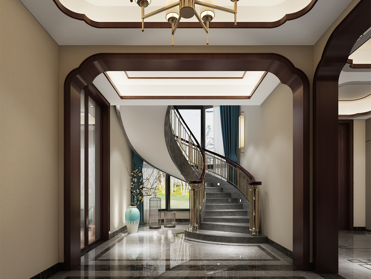 太仓东海高尔夫500平新中式风格独栋别墅楼梯装修效果图