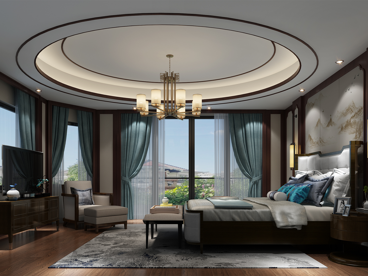 太仓东海高尔夫500平新中式风格独栋别墅卧室装修效果图