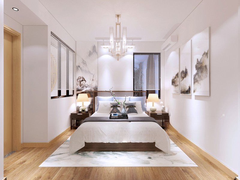 上海杨浦东田公寓90平新中式风格二居室卧室装修效果图