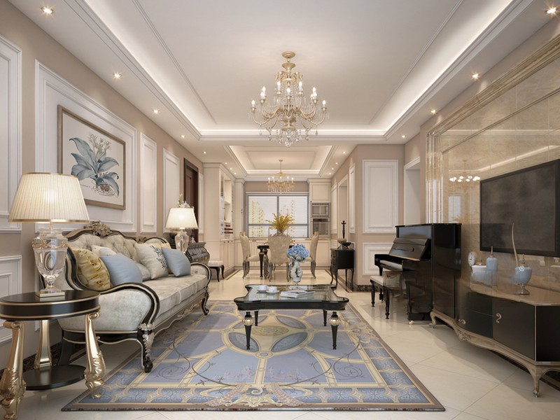 上海信达蓝爵101平欧式古典风格住宅客厅装修效果图