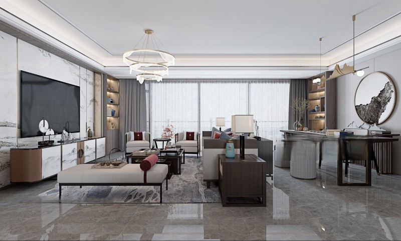 上海金丰蓝庭120平新中式风格二居室客厅装修效果图