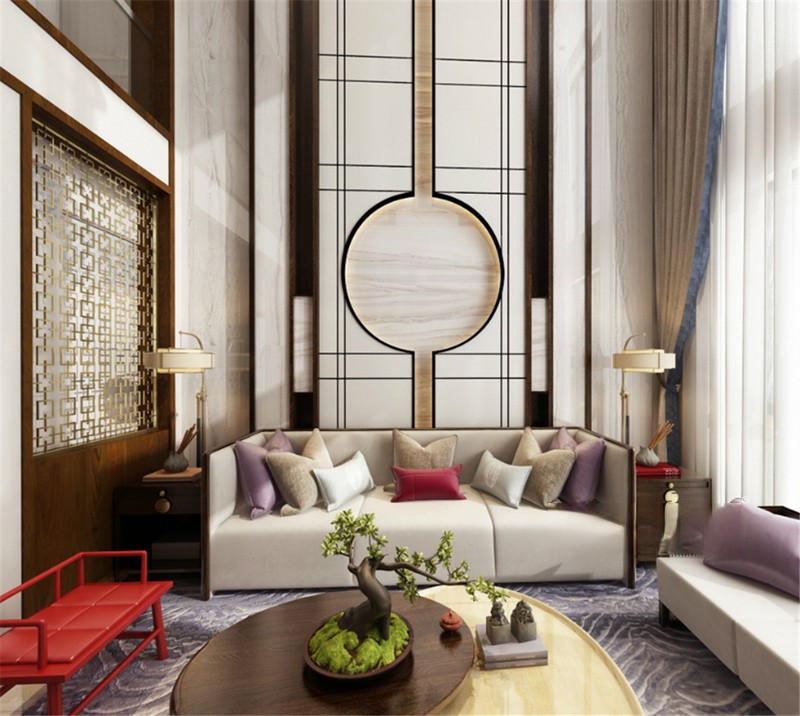 上海御景龙庭300平新中式风格四居室客厅装修效果图