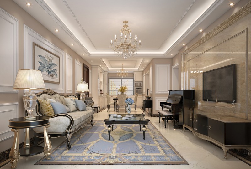 上海信达蓝爵101平欧式古典风格住宅客厅装修效果图