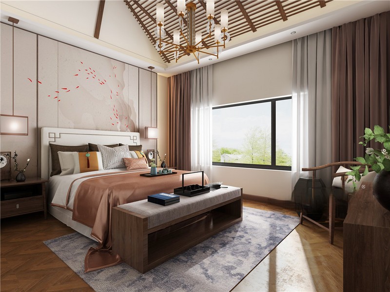 上海御景龙庭300平新中式风格四居室卧室装修效果图