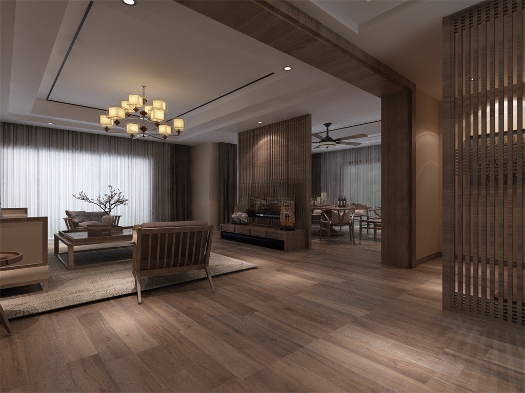 昆山富力湾480平新中式风格独栋别墅客厅装修效果图