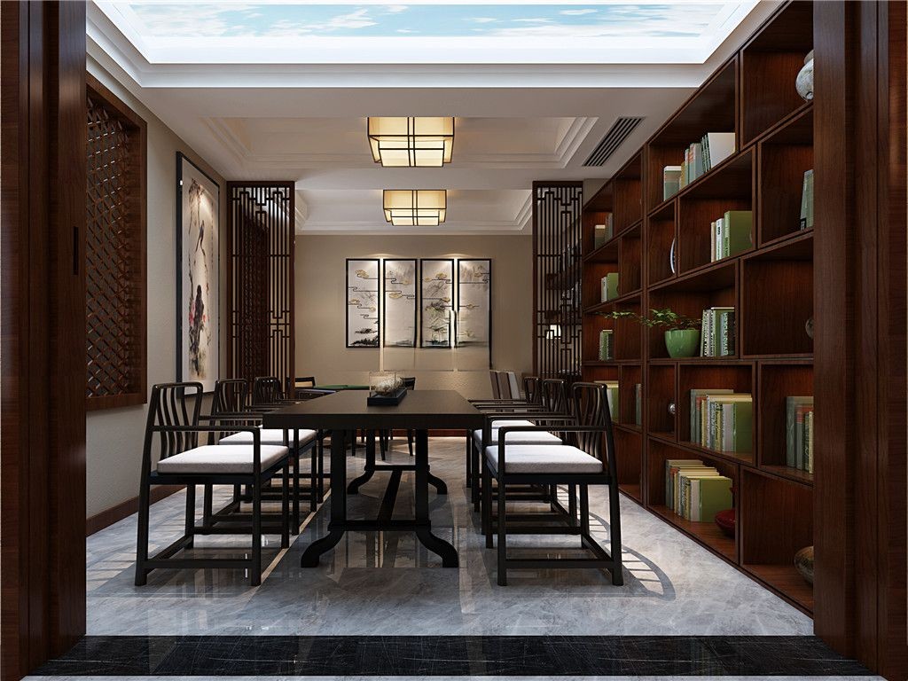 嘉定区华润中央公园500平新中式风格独栋别墅书房装修效果图