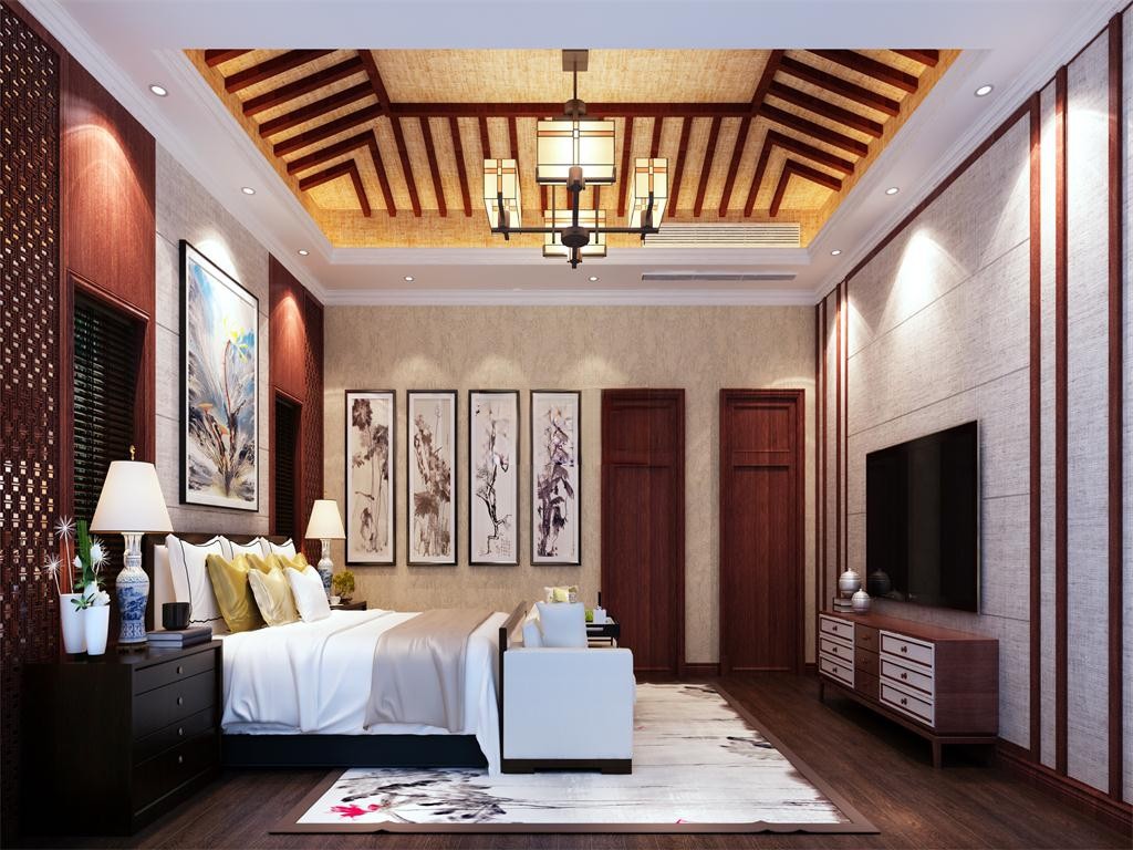 嘉定区保利天鹅语480平新中式风格联排别墅卧室装修效果图
