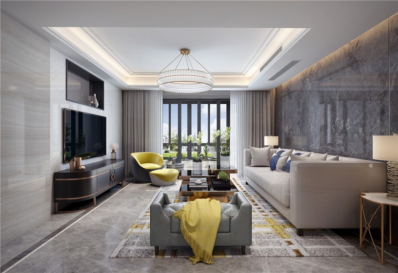 上海上海莱茵半岛260平轻奢风格复式客厅装修效果图