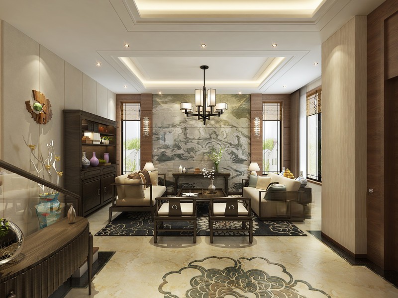 上海金都雅苑330平新中式风格别墅客厅装修效果图