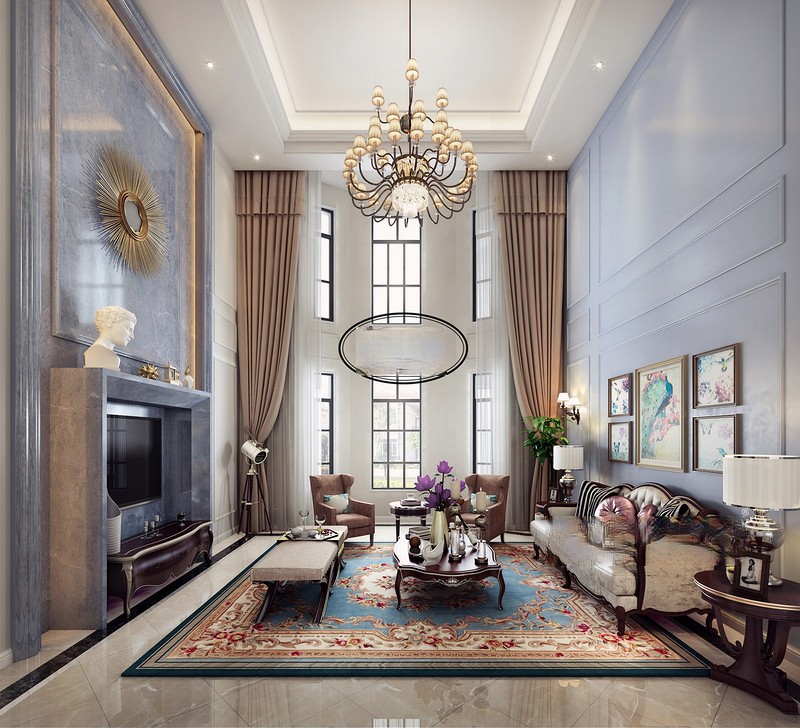 上海保利海棠湾350平美式风格别墅客厅装修效果图