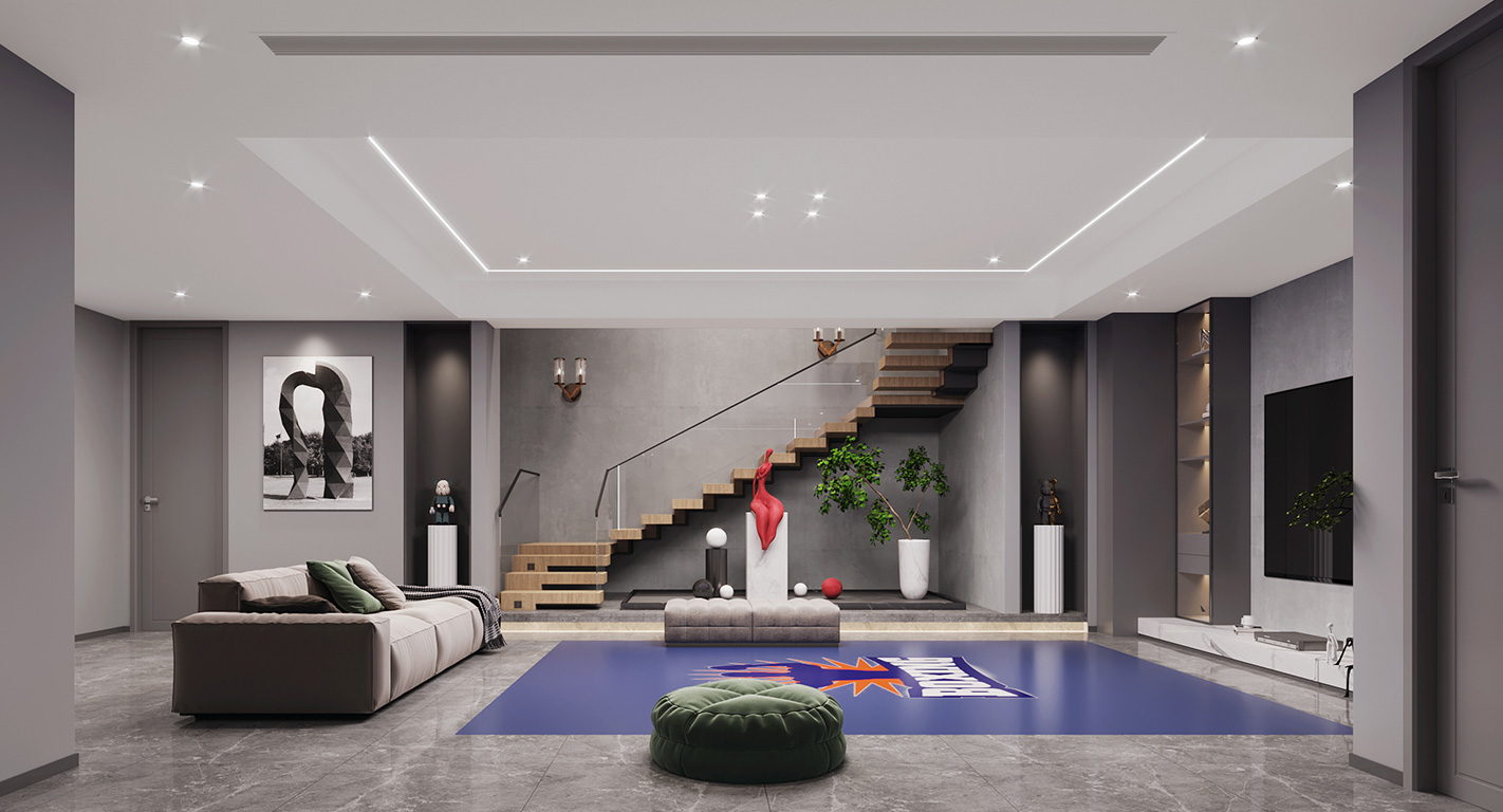 杨浦区上海院子400平现代极简风格独栋别墅客厅装修效果图
