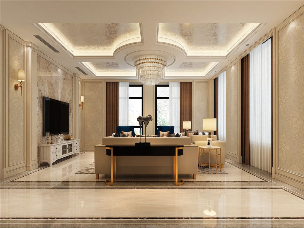 宝山区正荣国领700平欧式风格独栋别墅客厅装修效果图