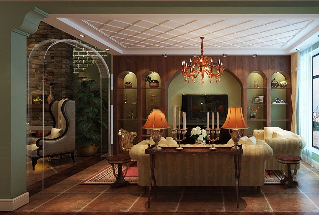 浦东毕加索艺墅230平美式风格独栋别墅客厅装修效果图