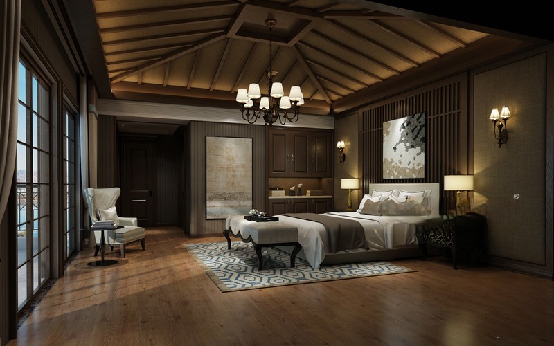 上海淀湖观园400平美式度假风格别墅卧室装修效果图