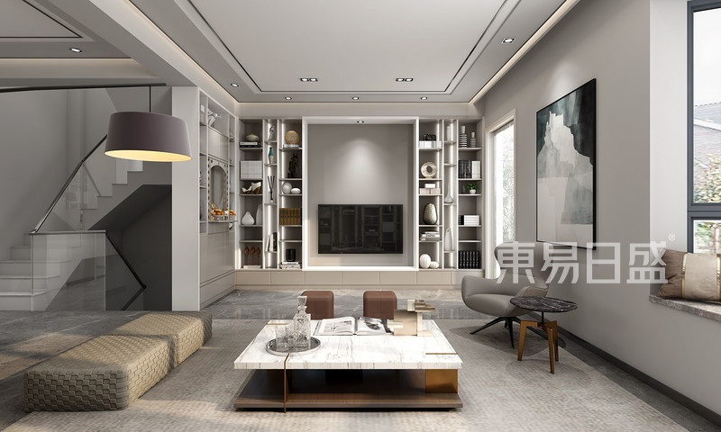 上海金地天地云墅160平新中式风格别墅客厅装修效果图