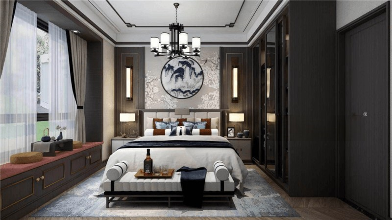 上海上海光明云炉135平新中式风格别墅卧室装修效果图