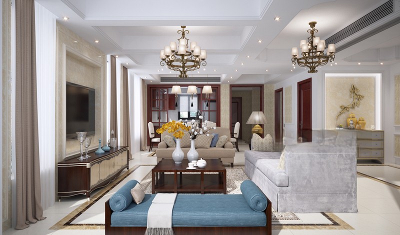 上海君悦湾366平美式风格别墅客厅装修效果图