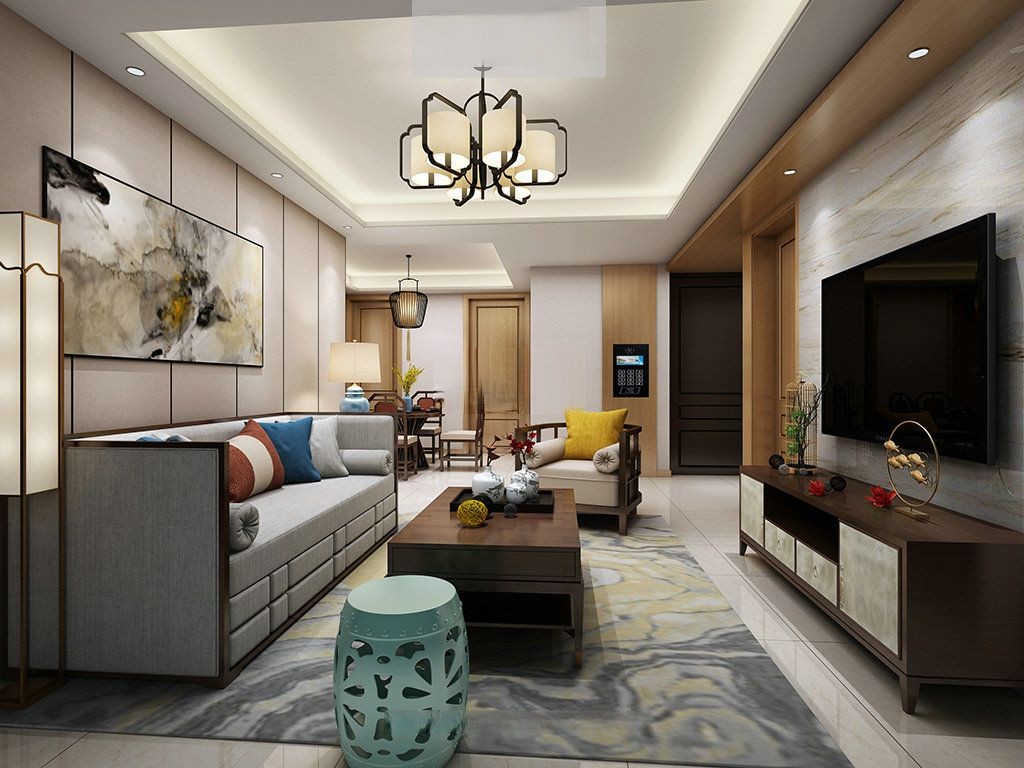 黄浦区海珀黄浦105平新中式风格公寓客厅装修效果图