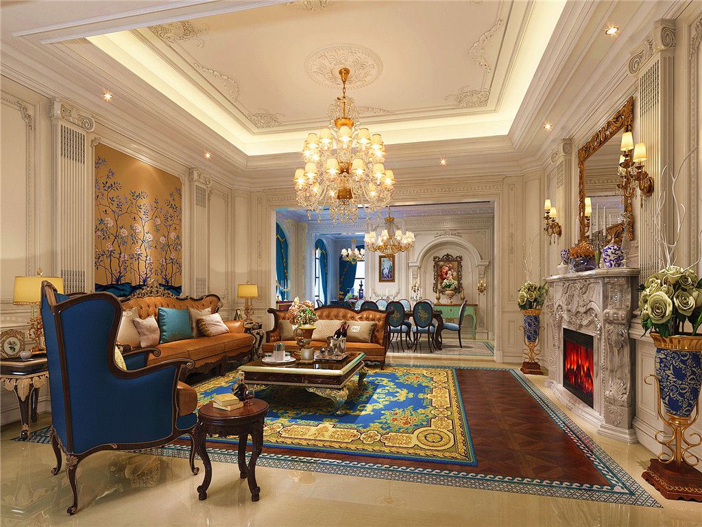 浦东汤臣高尔夫478平美式风格独栋别墅客厅装修效果图