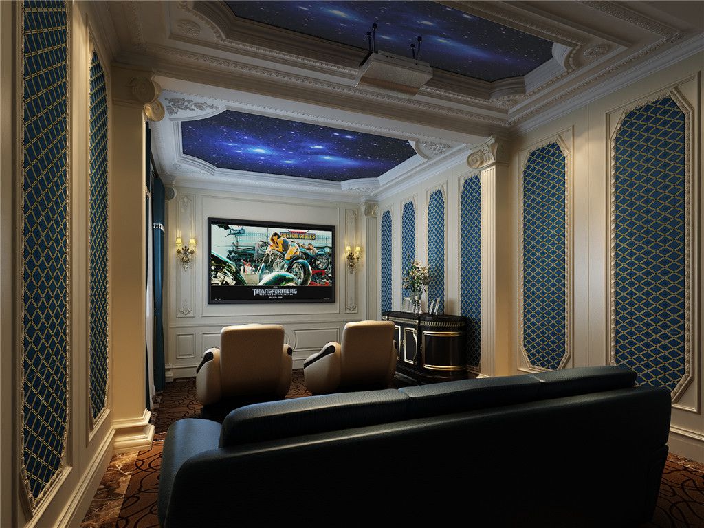 浦东汤臣高尔夫478平美式风格独栋别墅影视墙装修效果图