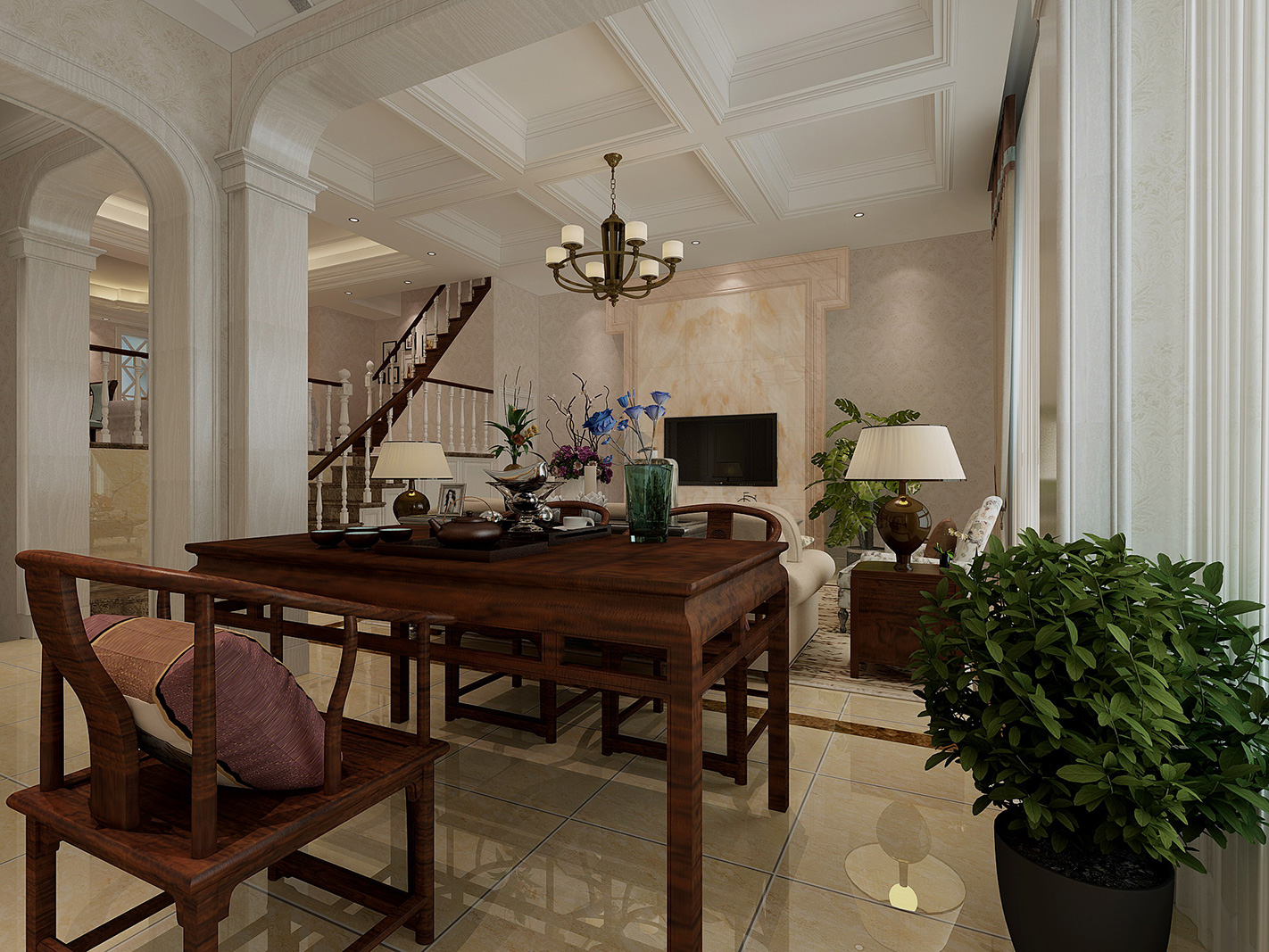 浦东阳光欧洲城280平美式风格独栋别墅客厅装修效果图