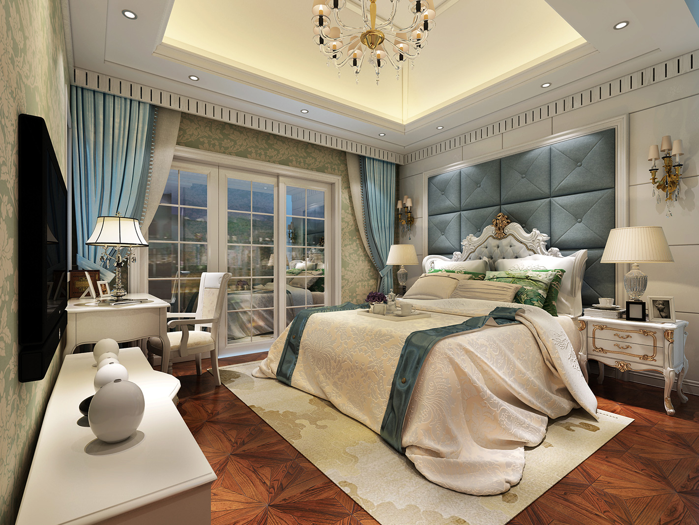 浦东阳光欧洲城280平美式风格独栋别墅卧室装修效果图