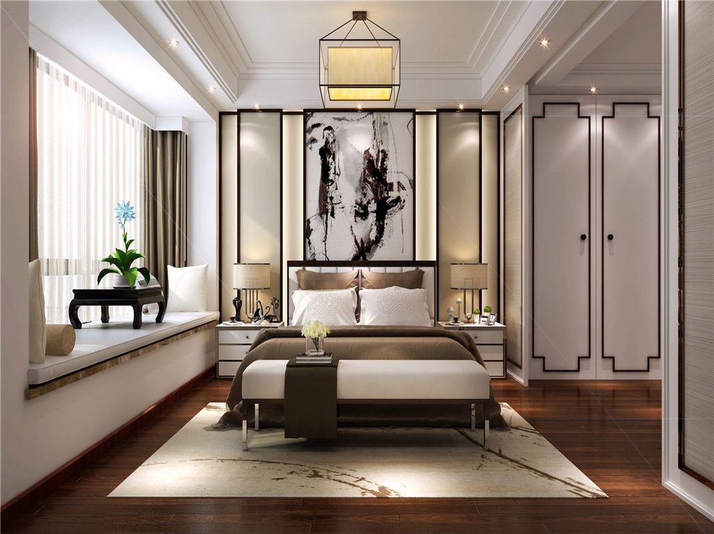 嘉定区白金院邸400平新中式风格联排别墅卧室装修效果图