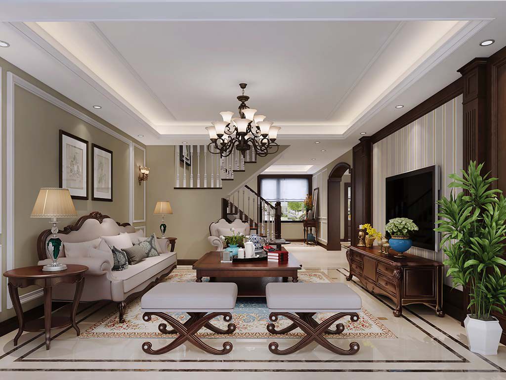 嘉定区嘉定紫提湾260平美式风格叠加别墅客厅装修效果图