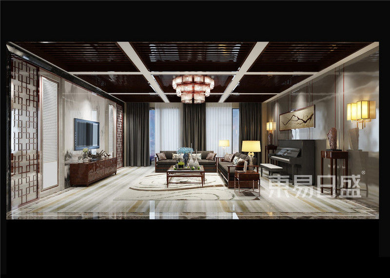上海云间水420平新中式风格别墅客厅装修效果图