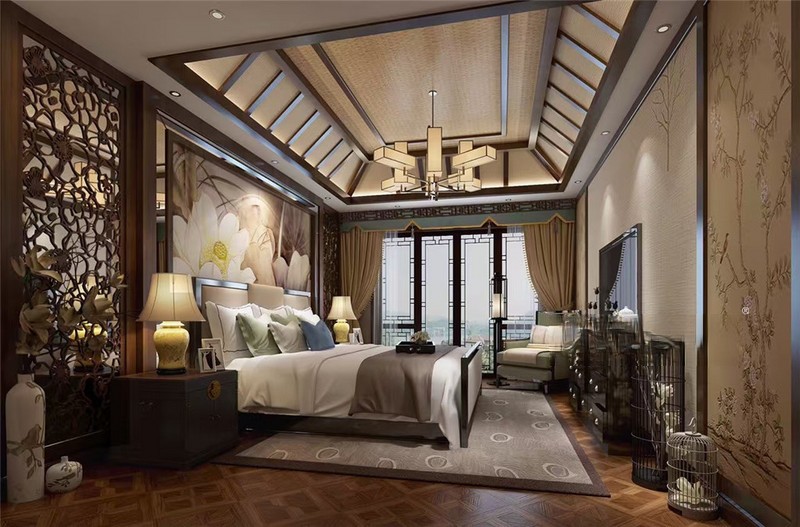 上海云间水420平新中式风格别墅卧室装修效果图