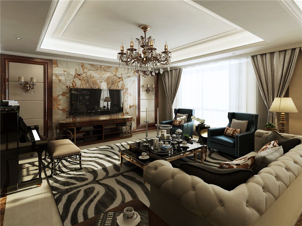 浦东金地艺华年320平美式风格叠加别墅客厅装修效果图