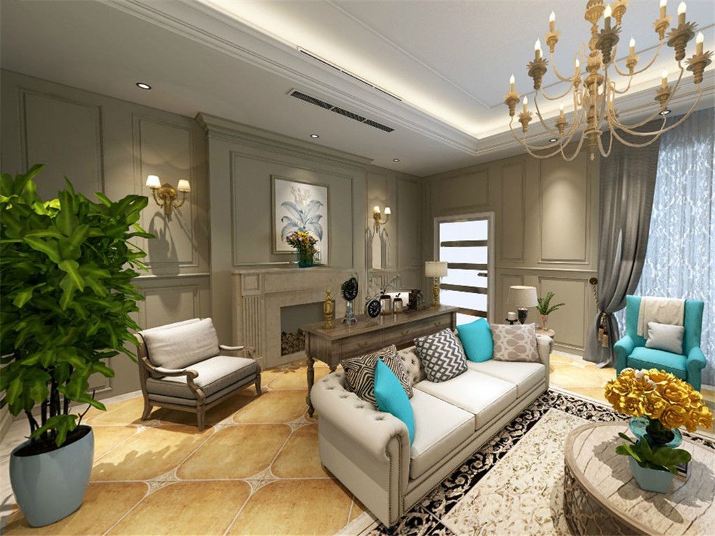 嘉定区嘉宝梦之湾200平美式风格独栋别墅客厅装修效果图