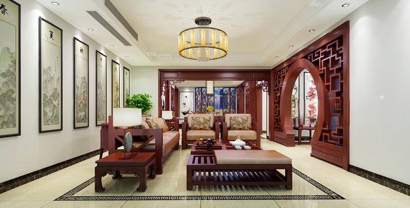 上海太湖黄金水岸420平新中式风格别墅客厅装修效果图