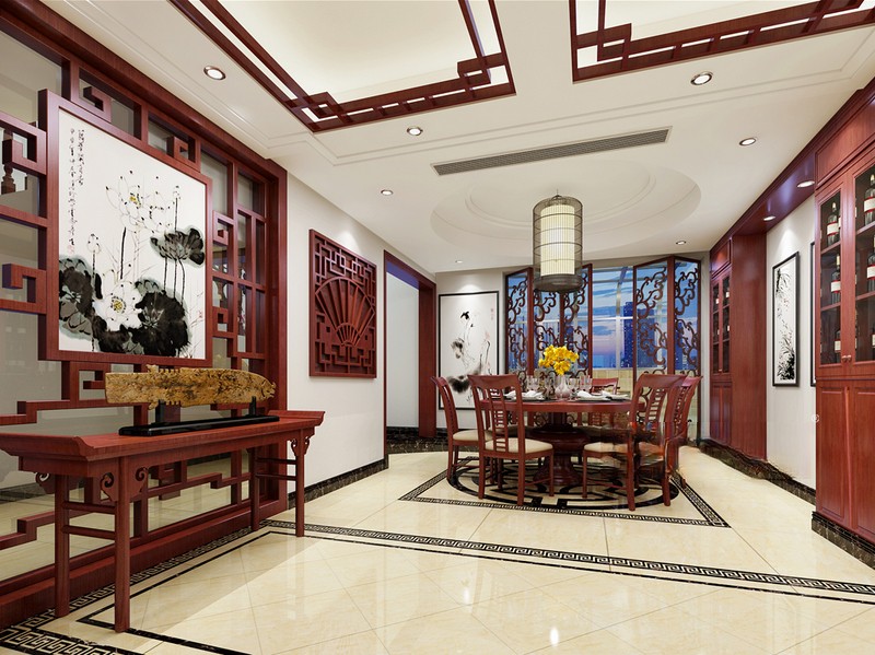 上海太湖黄金水岸420平新中式风格别墅餐厅装修效果图