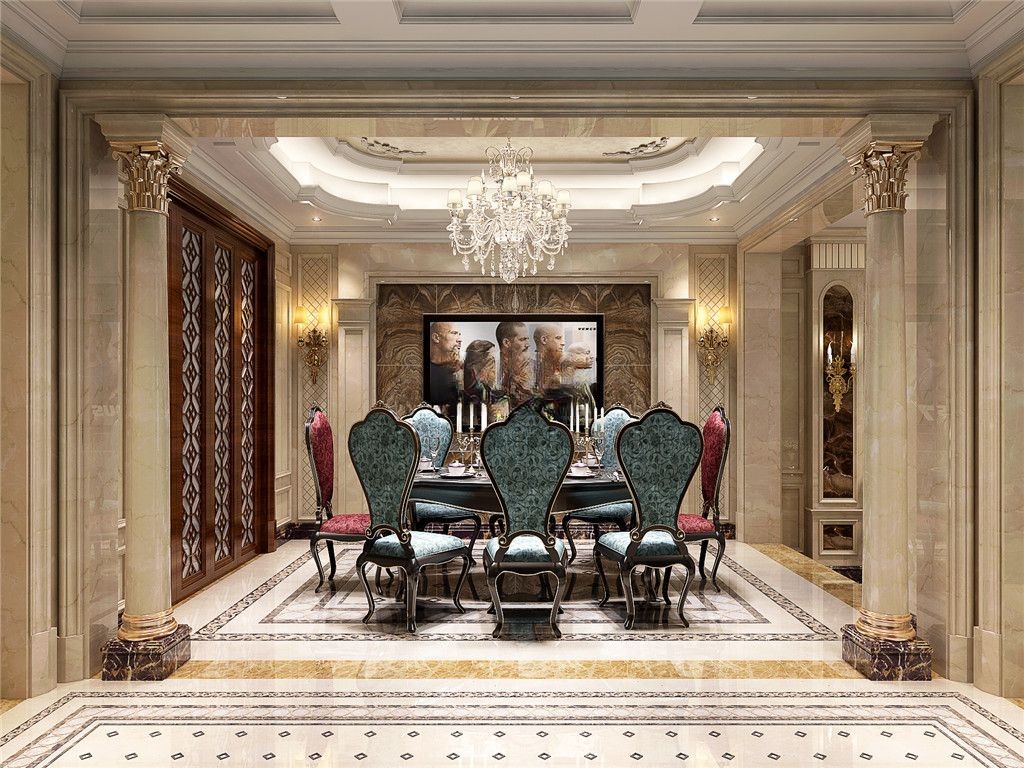 浦东汤臣高尔夫478平欧式风格独栋别墅餐厅装修效果图
