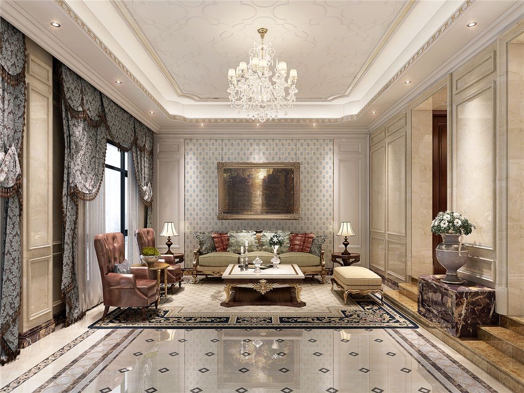 浦东汤臣高尔夫478平欧式风格独栋别墅客厅装修效果图