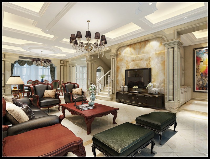 上海嘉定溢溋河畔350平欧式古典风格别墅客厅装修效果图