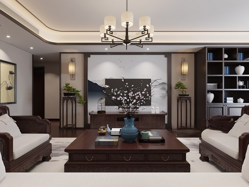 上海上海莱诗邸120平新中式风格三居室客厅装修效果图