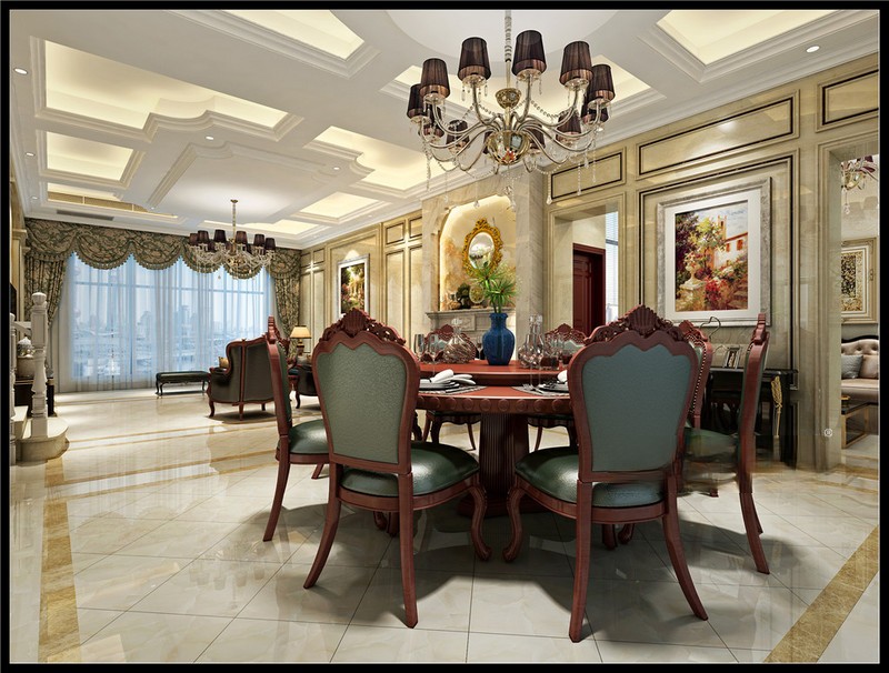 上海嘉定溢溋河畔350平欧式古典风格别墅餐厅装修效果图