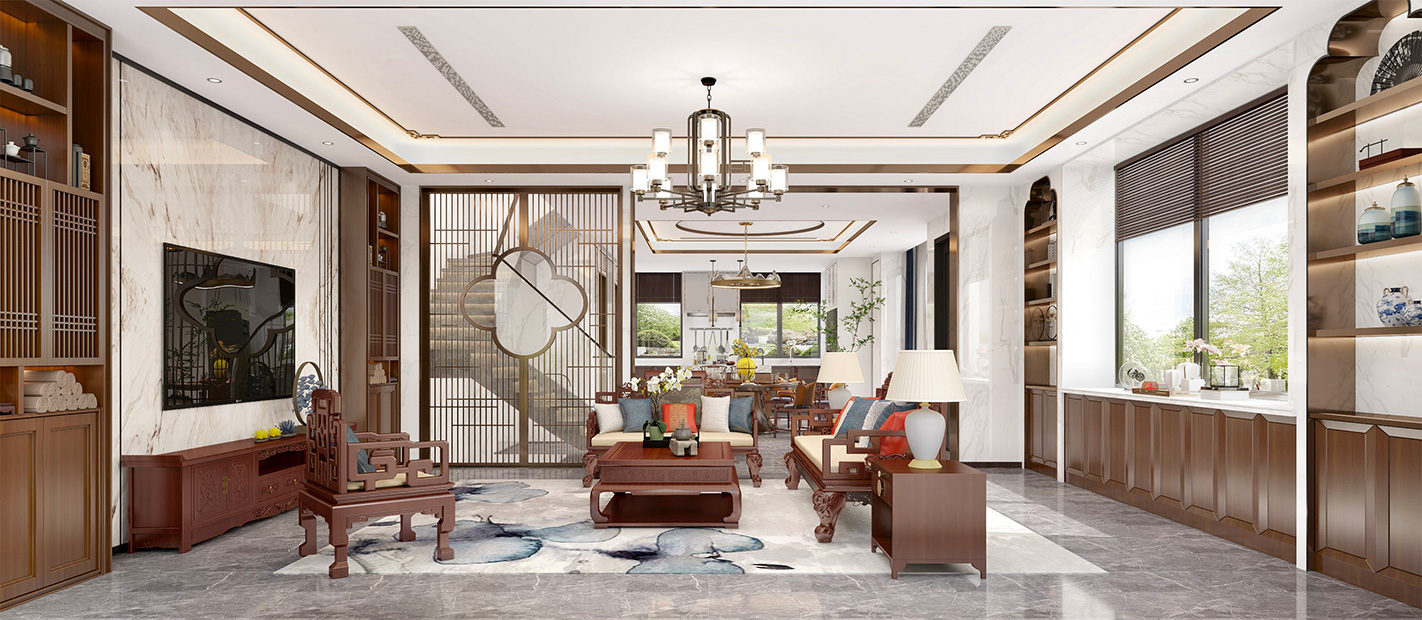 崇明区三湘森林海尚300平新中式风格联排别墅客厅装修效果图
