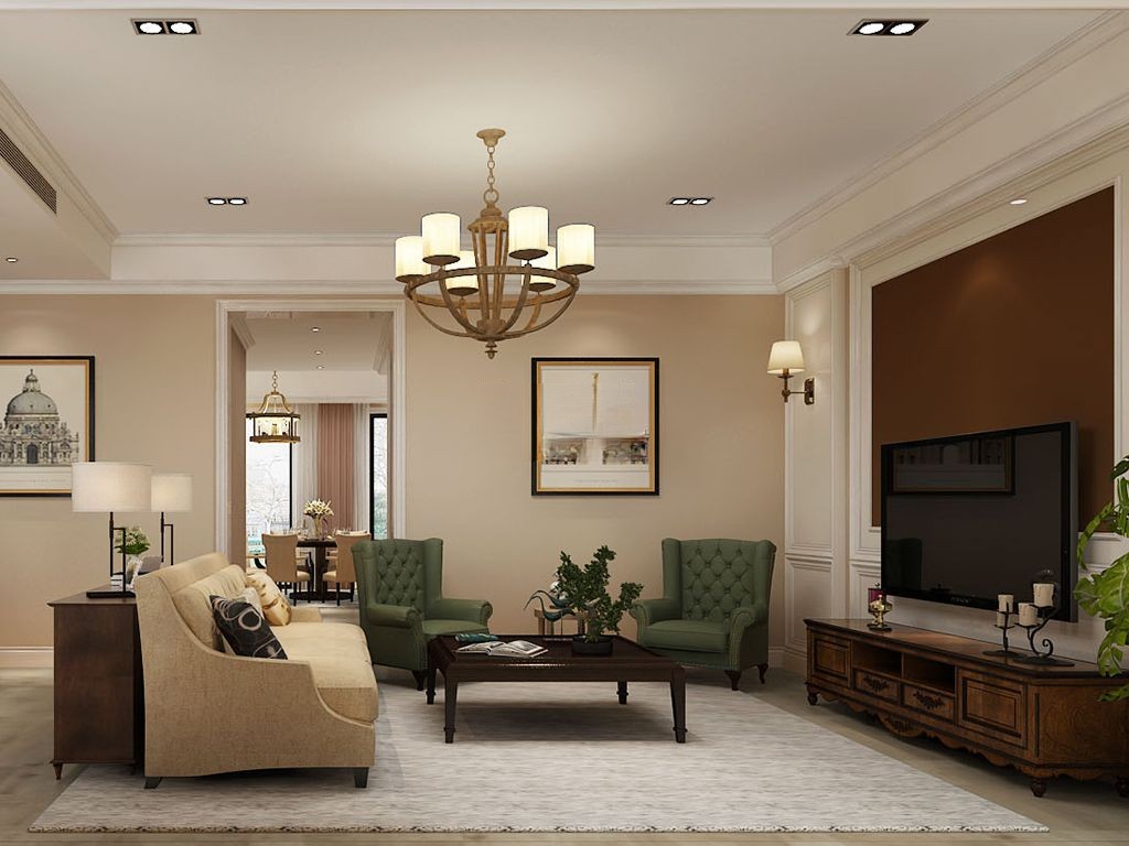 青浦区融信铂湾250平美式风格独栋别墅客厅装修效果图