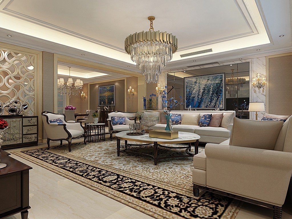 嘉定区龙湖郦城300平美式风格联排别墅客厅装修效果图